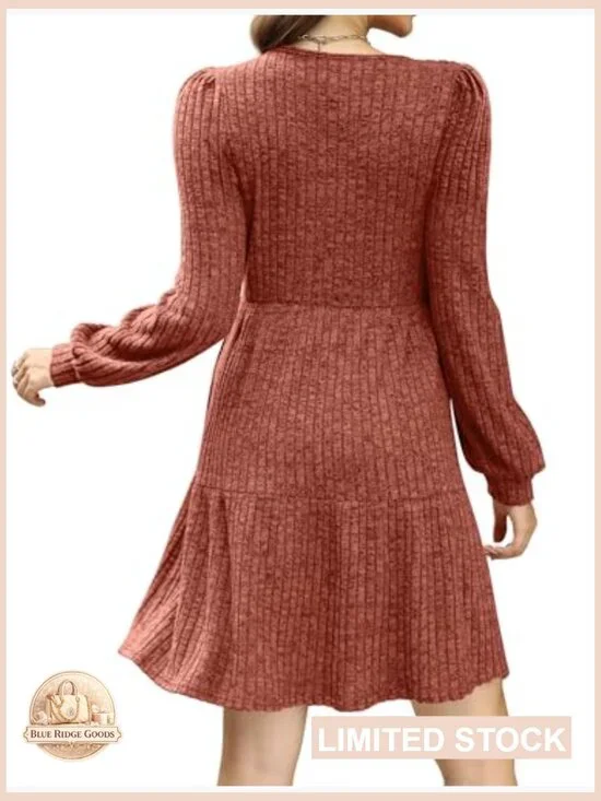 Square Neck Babydoll Sweater Dress Long Sleeve Flowy Casual Fall Fashion - Picture 5 of 7